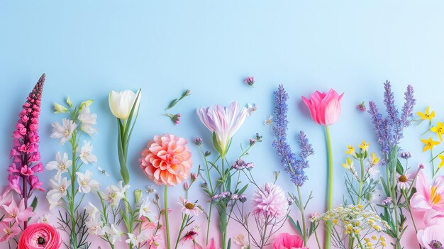 Arreglo de flores de primavera contra un fondo de colores pastel Concepto de floración Colocación plana