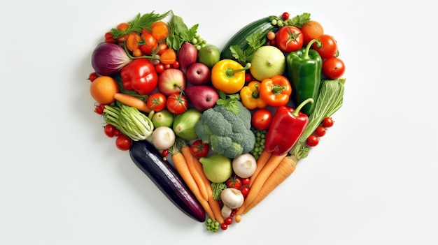 Un arreglo en forma de corazón de verduras frescas y coloridas ai generativo