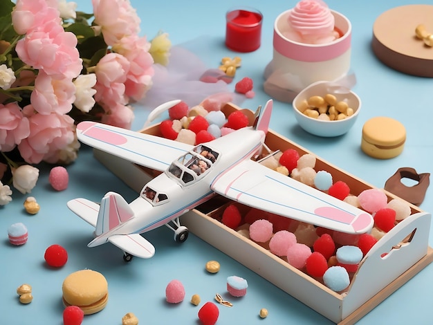 Arreglo fotográfico con avión y dulces.