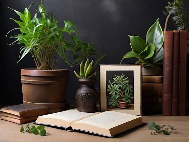 Foto arreglo de fotos gratis con libro y plantas