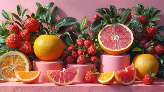 Un arreglo de fresas y pomelos en un podio pastel