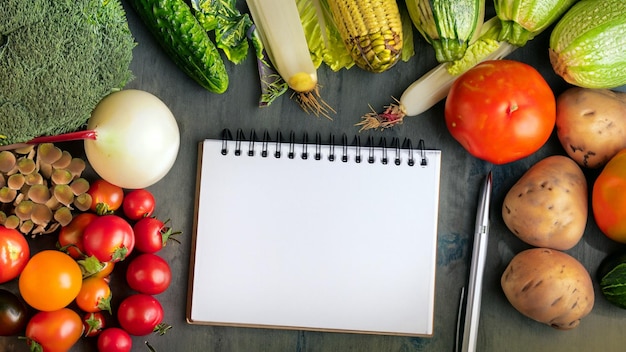 Arreglo gratuito de fotos de verduras con el bloc de notas vacío