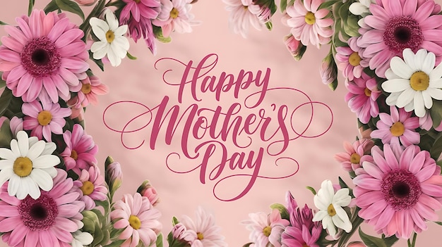 Arreglo hiperrealista de margaritas rosa y blanco florece verdor feliz día de la madre tipografía