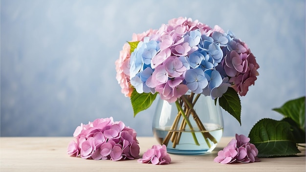 arreglo de hortensias vibrantes en un jarrón de vidrio