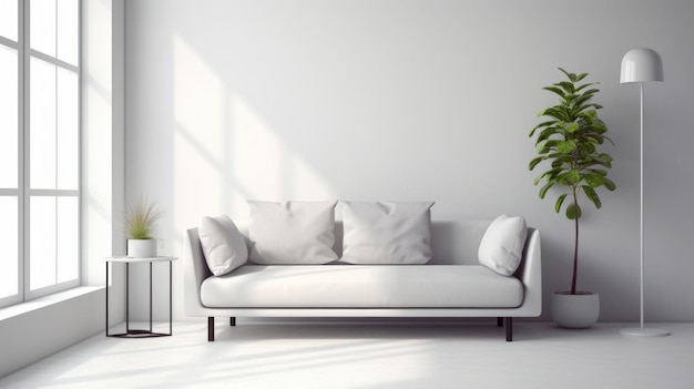 Arreglo interior elegante y minimalista con sofá blanco y uso vibrante de la luz