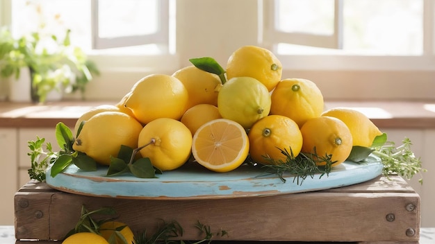 Arreglo de limones en tablero de madera