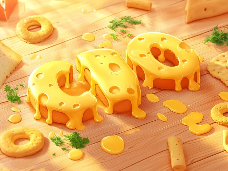 Foto un arreglo lúdico de letras y bocadillos con temas de queso en una superficie de madera