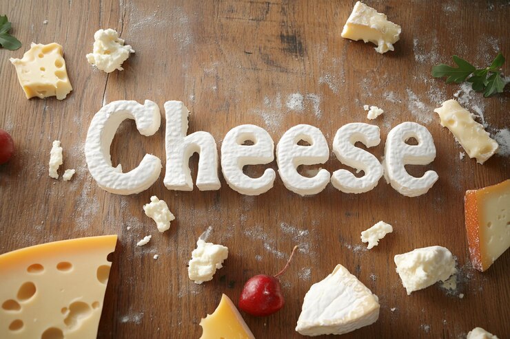 Foto un arreglo lúdico de variedades de queso que escriben "cheesequot" en una mesa de madera