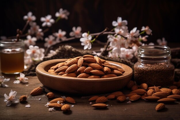 Foto arreglo de madera de aceite de linaza y almendras