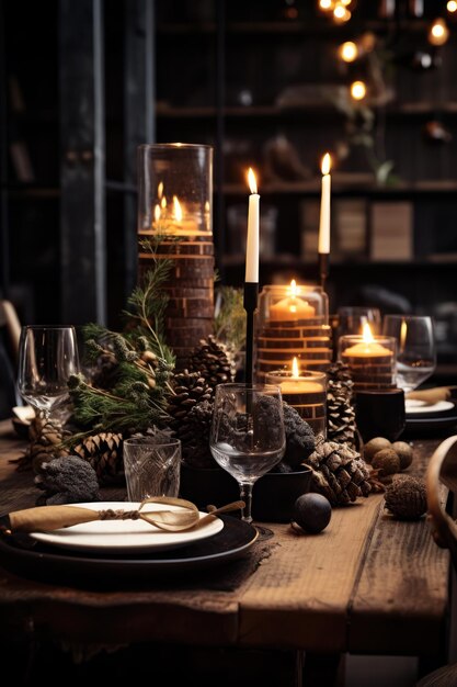 Arreglo de mesa de Navidad con decoración de invierno