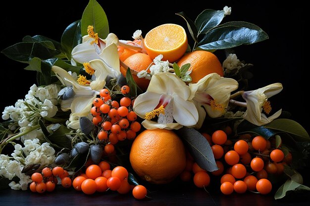 Un arreglo de naturaleza muerta con frutas y flores naranjas fotografía de imágenes naranjas