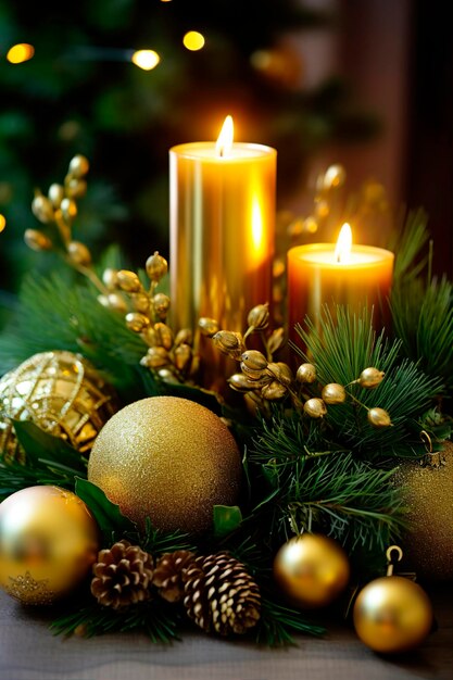Arreglo de Navidad con bolas de oropel de oro ramas de abeto ai generado