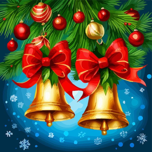 Arreglo navideño de ramitas verdes de abeto campanas doradas con cinta roja y diseño de copos de nieve