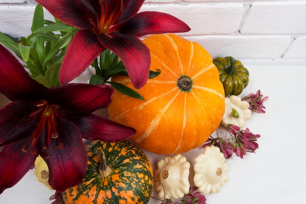 Arreglo de otoño con flores de lirio rojo y calabazas