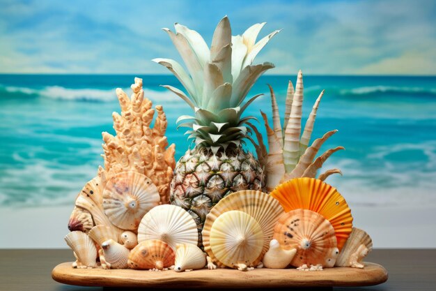 Arreglo de piñas y conchas marinas en una mesa con el océano en el fondo