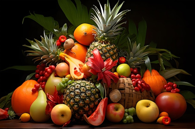 El arreglo presenta una variedad de frutas frescas