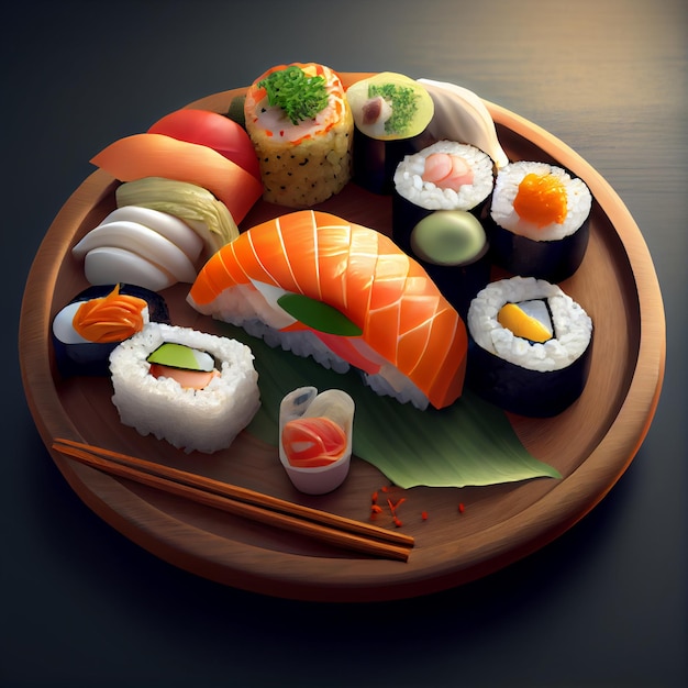 Arreglo de sushi Diferentes tipos de sushi japonés 3d render