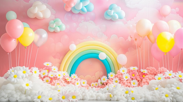 arreglo de telón de fondo de cumpleaños con globos de colores vibrantes arco iris y nubes