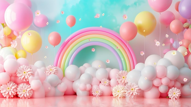arreglo de telón de fondo de cumpleaños con globos de colores vibrantes arco iris y nubes