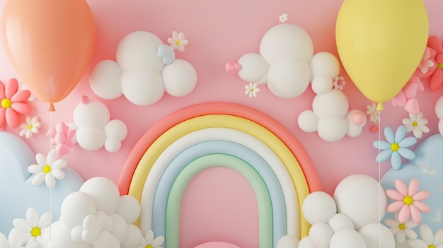 arreglo de telón de fondo de cumpleaños con globos de colores vibrantes arco iris y nubes