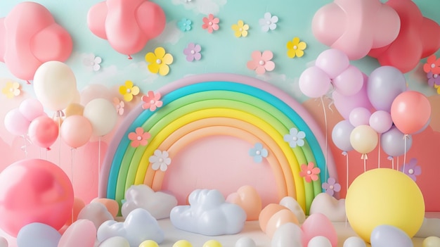 arreglo de telón de fondo de cumpleaños con globos de colores vibrantes arco iris y nubes