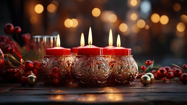 Arreglo de velas de navidad con flores año nuevo y concepto de adviento tarjeta de navidad