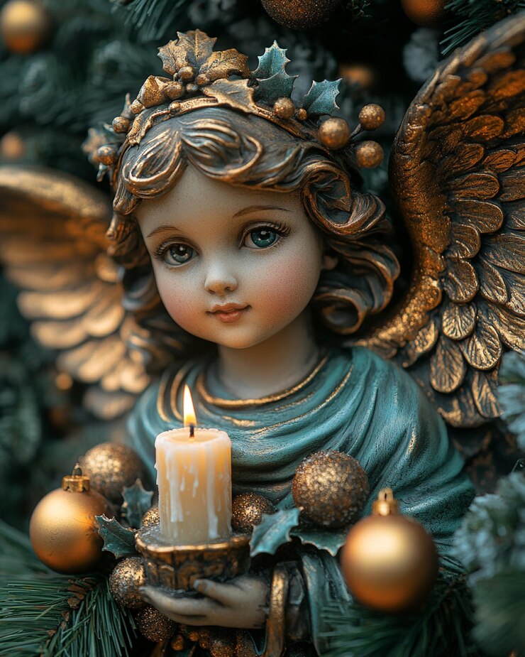 Arreglo de velas navideñas con ángeles graciosos