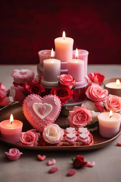 Arreglo de velas y rosas temáticas del Día de San Valentín