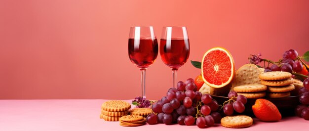 Arreglo de vino y frutas sobre un fondo rosado