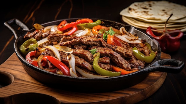 Arreglo visualmente atractivo de fajitas de carne con pimientos y cebollas picantes