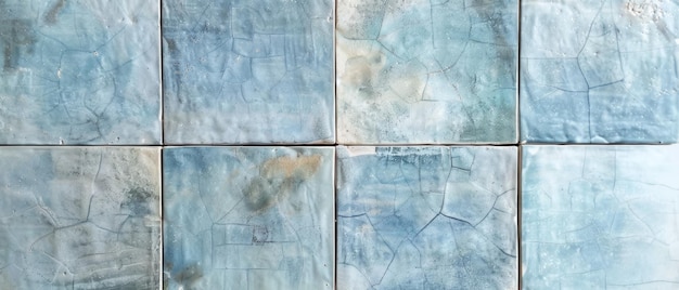 Un arreglo visualmente llamativo de azulejos de forma irregular en tonos de azul frío y gris que transmite una sensación de textura helada congelada e imperfecciones naturales