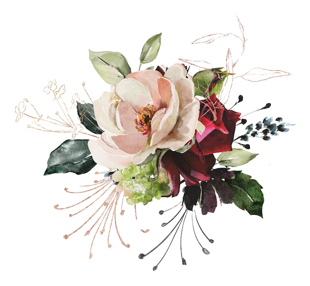 Arreglos y pétalos de rosas de boda de acuarela.