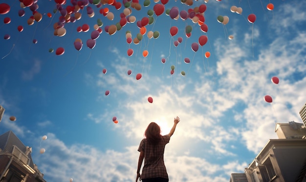 arrendamiento de globos liberando un globo colorido en el cielo que representa dejar ir la preocupación o el miedo