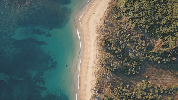 De arriba hacia abajo del paisaje marino tropical en la antena de la playa de arena. Nadie naturaleza paisaje de bosque tropical verde