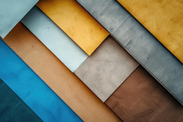 Foto desde arriba el diseño de coloridas hojas de cartón en tonos gris marrón y azul