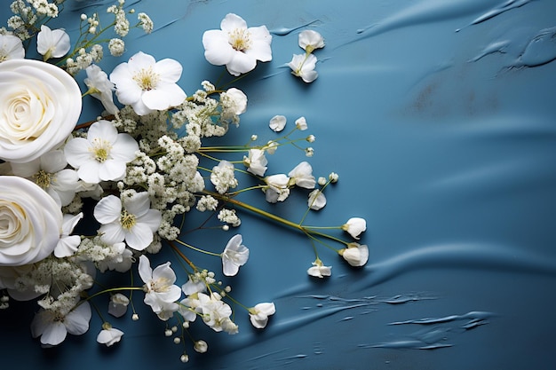 Desde arriba maqueta de boda flores gypsophila mesa azul plana