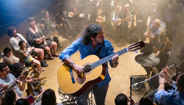 Foto desde arriba un músico masculino en el escenario tocando una guitarra con pasión rodeado de una audiencia inmersa...