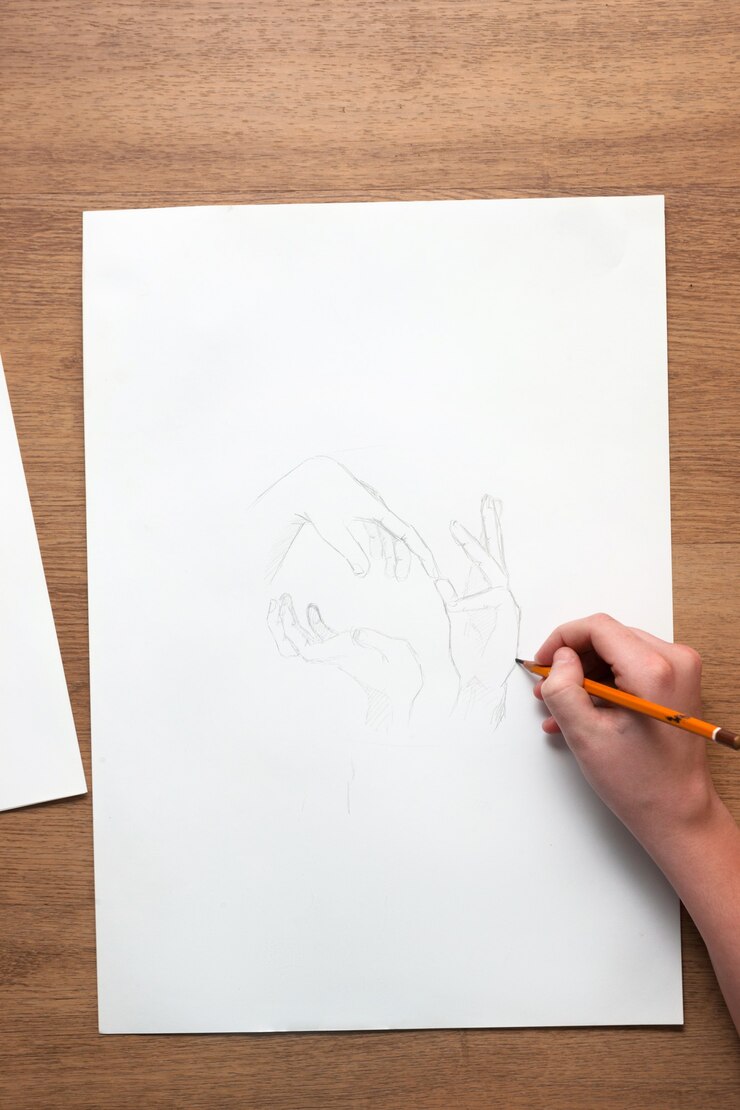 Foto desde arriba persona irreconocible dibujo boceto con manos con pensil