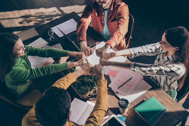 Arriba, vista de ángulo alto, de gente alegre que crea un gran equipo unido para superar las dificultades de trabajo juntos mostrando los puños