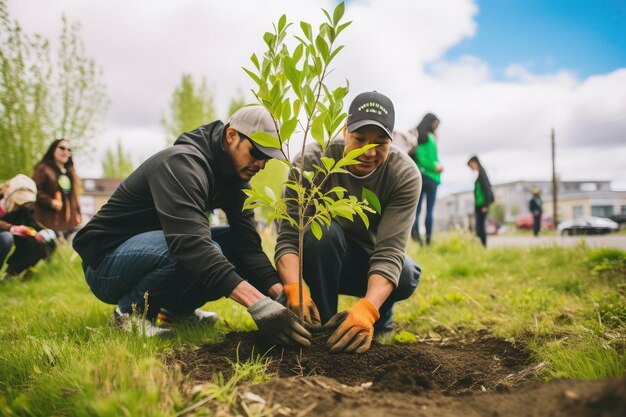 Se arrodillan para plantar árboles al aire libre para los esfuerzos de conservación del medio ambiente