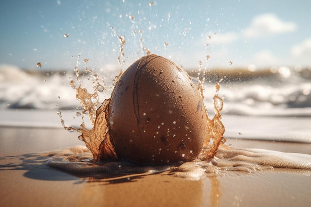 Se arroja un huevo marrón al agua en una playa.