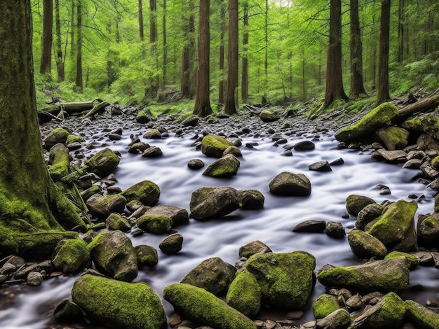 Un arroyo atraviesa un bosque con árboles y rocas cubiertas de musgo.