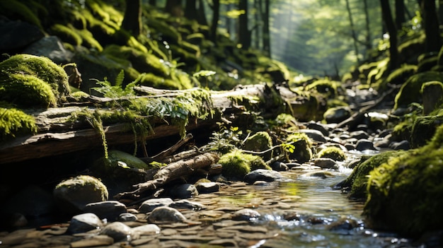 un arroyo atraviesa un bosque con rocas de musgo y musgo.