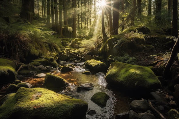 Arroyo balbuceante con rocas cubiertas de musgo y la luz del sol filtrándose a través de los árboles