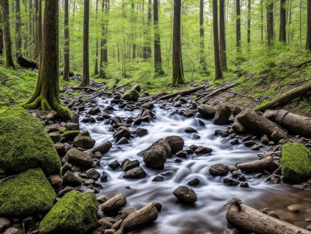 Un arroyo en un bosque con árboles verdes y musgo.