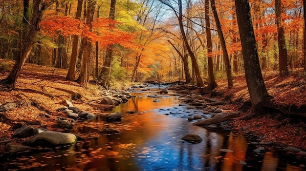 Un arroyo en el bosque con colores otoñales