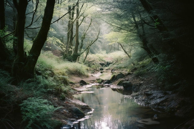 Un arroyo en el bosque con el sol brillando sobre él.