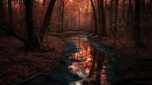 Un arroyo en el bosque con el sol brillando sobre él.