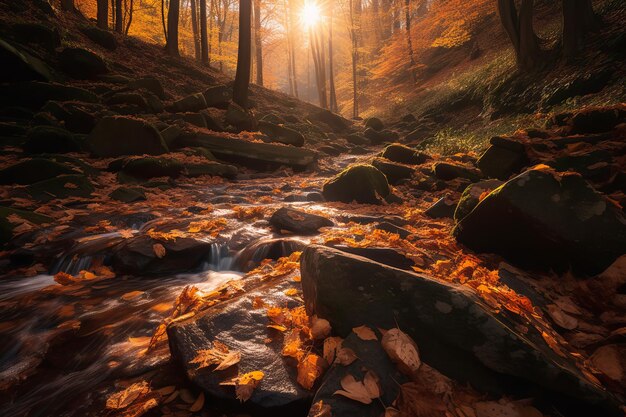 Un arroyo en el bosque con el sol brillando sobre él.