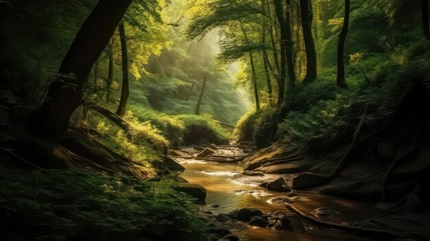 Un arroyo en un bosque con el sol brillando a través de los árboles.